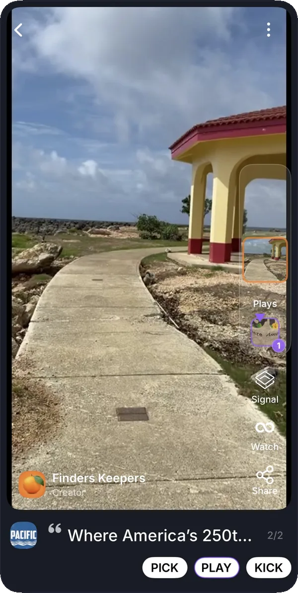 The origin meme, a coastal path and pavilion by the sea, with one play branching from it