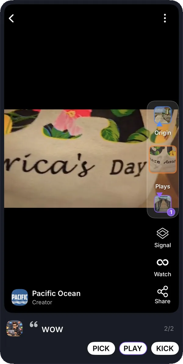 A play of the origin: a close-up of floral fabric lettered “America’s Day”, linking back to the origin and on to the next play