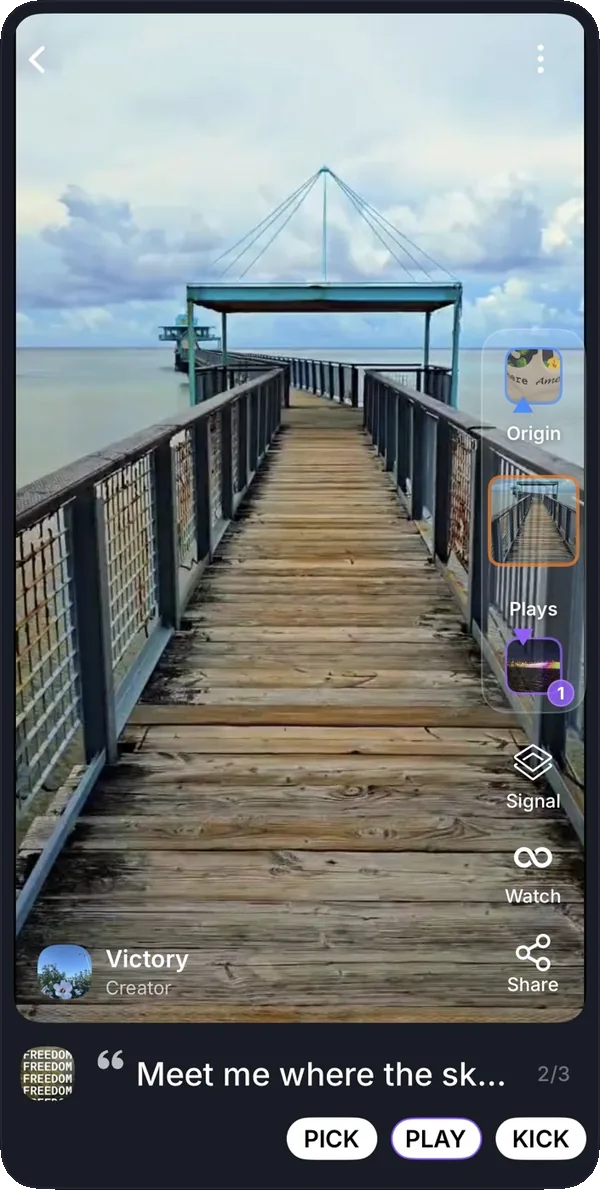 A play of the previous meme: a wooden pier stretching out over the water