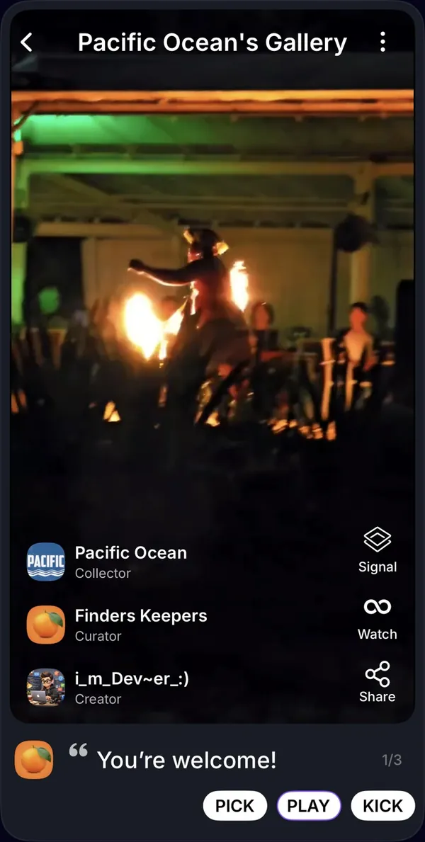 A collected MemeKick meme shown as Pacific Ocean’s Gallery, crediting its collector, curator and creator
